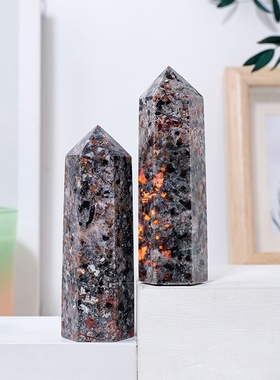 天然水晶火焰石六棱柱火灵石原石打磨单尖柱家居水晶工艺品摆件