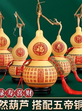 入户葫芦摆件特大葫芦五福带龙头门对门五帝钱玄关客厅真葫芦挂件
