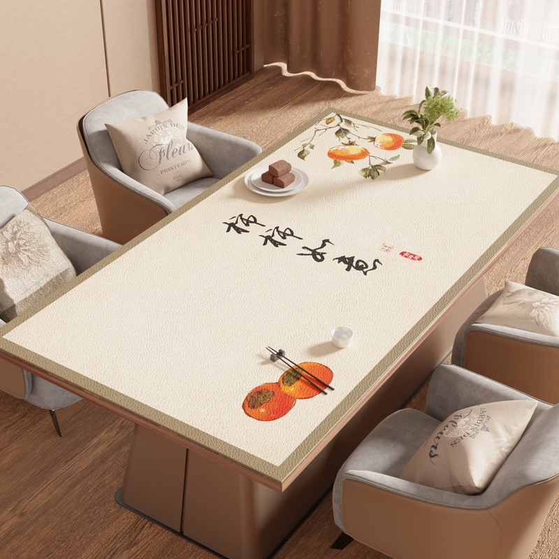 中式中古风餐桌垫桌布免洗防水防油长方形台布皮革桌面保护垫子 - 图0