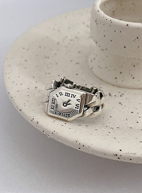 韩版S925银时尚气质手表戒指女复古重工罗马数字开口指环食指戒潮