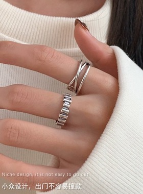 复古线条泰银戒指女个性ins冷淡风小众设计感镀银开口戒指环做旧