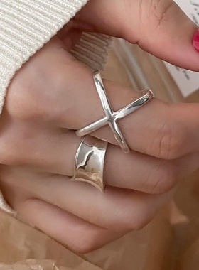 甜酷交叉X戒指女几何不规则叠戴气质S925银开口指环ins小众食指戒