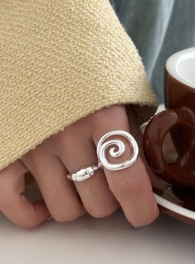 棒棒糖镂空线条蜗牛纹戒指女个性牛角包ins潮人S925镀银开口食戒