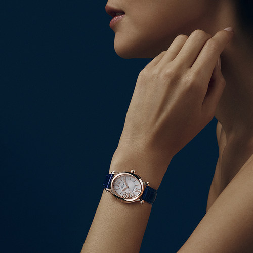 Chopard萧邦31MM快乐钻石椭圆玫瑰色18K金蓝色机械手表礼物 - 图0