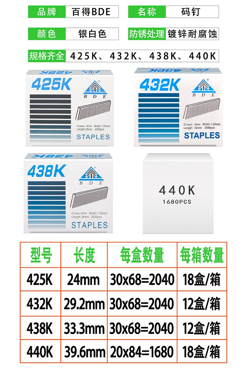 BDE百得码钉425K 432K 438K 440K气动枪钉家具K钉木工U型钉包邮 - 图0