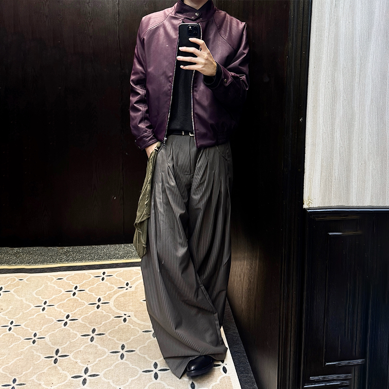 王橹杰同款 RELABEL 空间关系 提花条纹宽松打褶弯刀剑道西裤