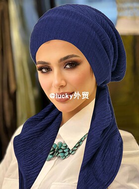 欧美外贸套头帽子皱皱布弧形尾巴帽马来西亚双层包头帽纯色头巾帽