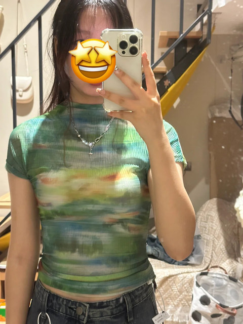 Qingwu Liuhua abstract tie-dye printed short T-shirt for women