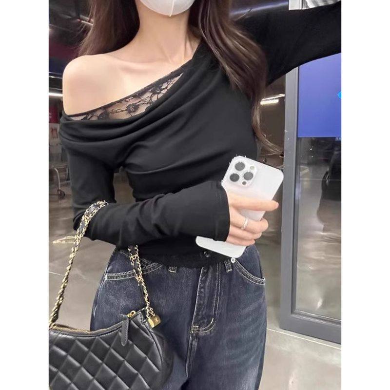 纯欲蕾丝拼接斜肩长袖T恤女2025春秋季修身显瘦内搭露肩白色上衣,淘宝优惠券,粉丝福利购,淘宝优惠卷
