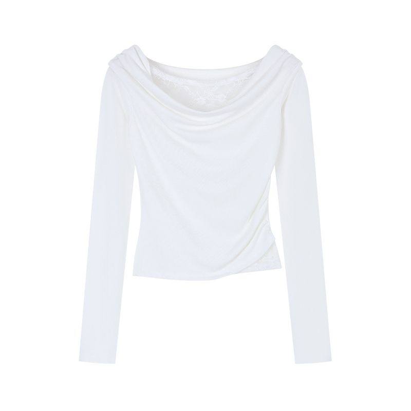 纯欲蕾丝拼接斜肩长袖T恤女2025春秋季修身显瘦内搭露肩白色上衣,淘宝优惠券,粉丝福利购,淘宝优惠卷