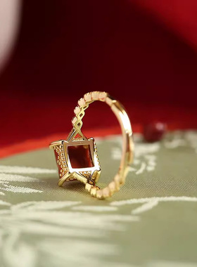 小方糖南红戒指女开口小众设计高