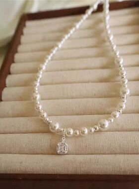 法式轻奢气泡小方糖贝珠项链女in