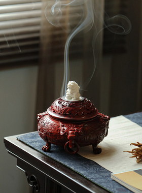 小叶紫檀木雕刻镇守四方香炉室内