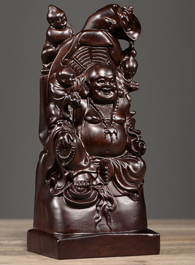 黑檀木雕五子送福弥勒佛像摆件实木客厅电视柜玄关工艺品乔迁礼品