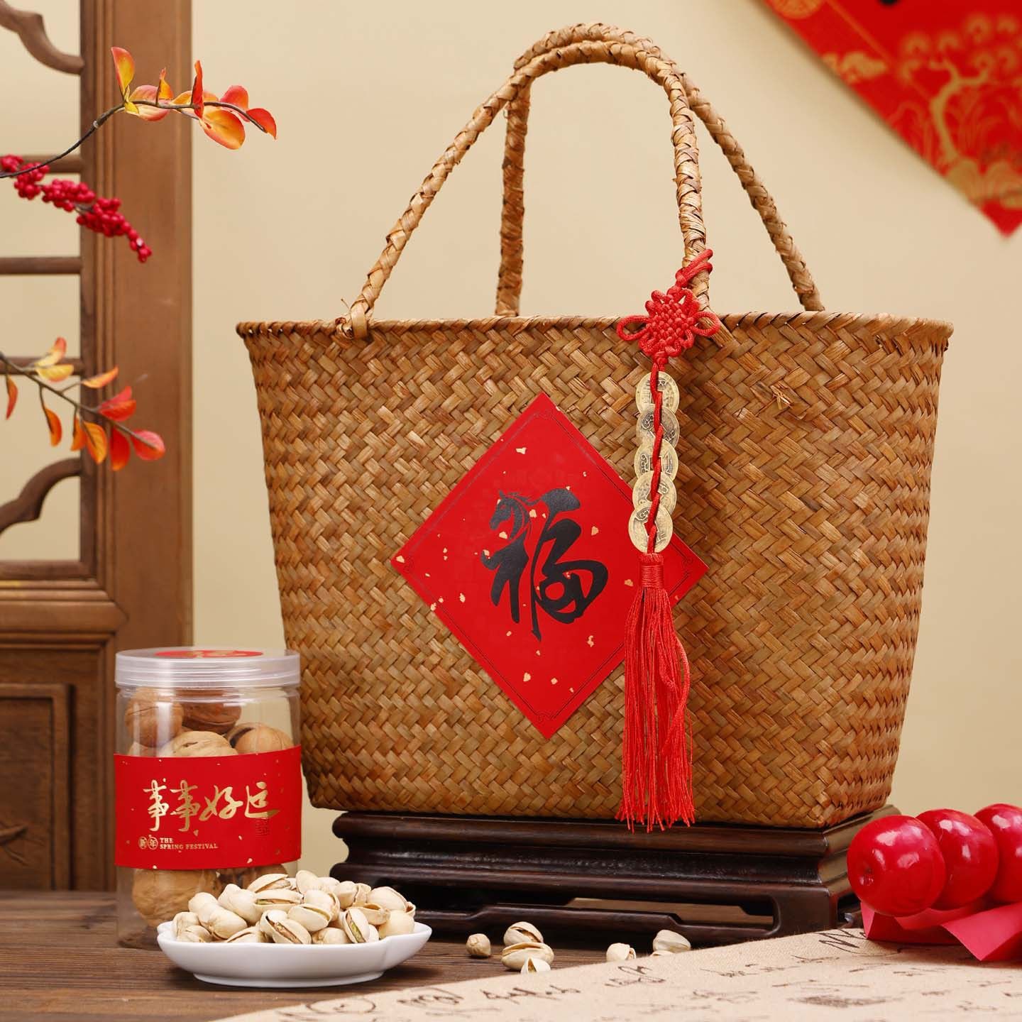 2026新年复古仿藤编手提篮年货坚果包装盒新年收纳礼品盒马年礼盒,淘宝优惠券,粉丝福利购,淘宝优惠卷