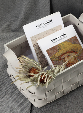 现代轻奢皮革编织衣服收纳篮杂物篓摆件家居客厅卧室浴室软装饰品