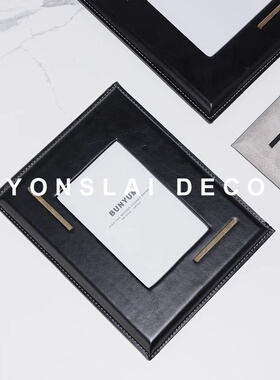 简约现代黑色高端皮装饰线相框样板间软装卧室书房书柜桌面摆件