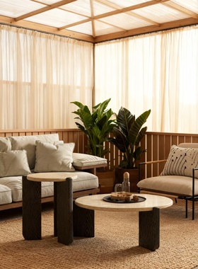 北欧侘寂天然洞石圆形茶几轻奢