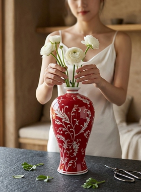 新中式红色陶瓷花瓶客厅玄关摆件