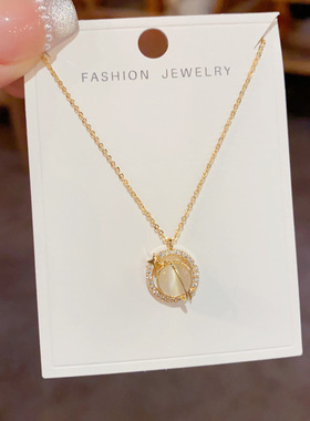 「YU心」轻奢小众韩版气质时尚百搭镶钻旋转猫眼石圆环项链