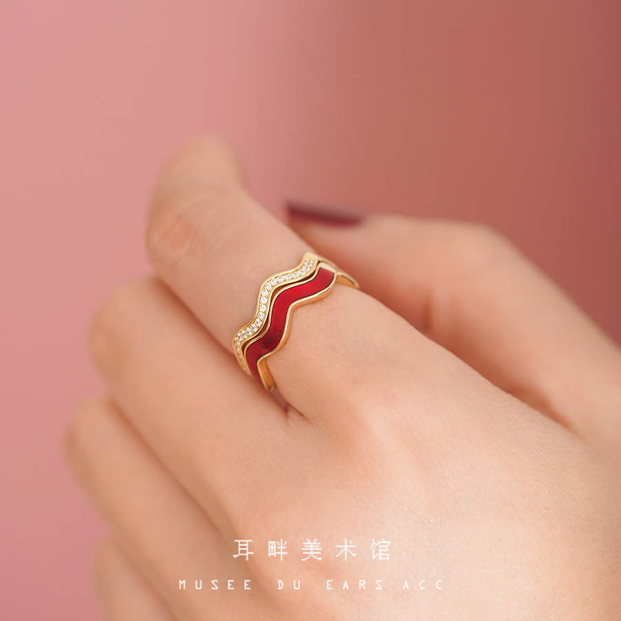 A红条纹双叠戴戒指女小众设计时尚新年闺蜜礼物独特开口个性轻奢 - 图2