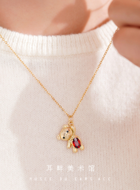 B可爱小熊红色显白毛衣项链女
