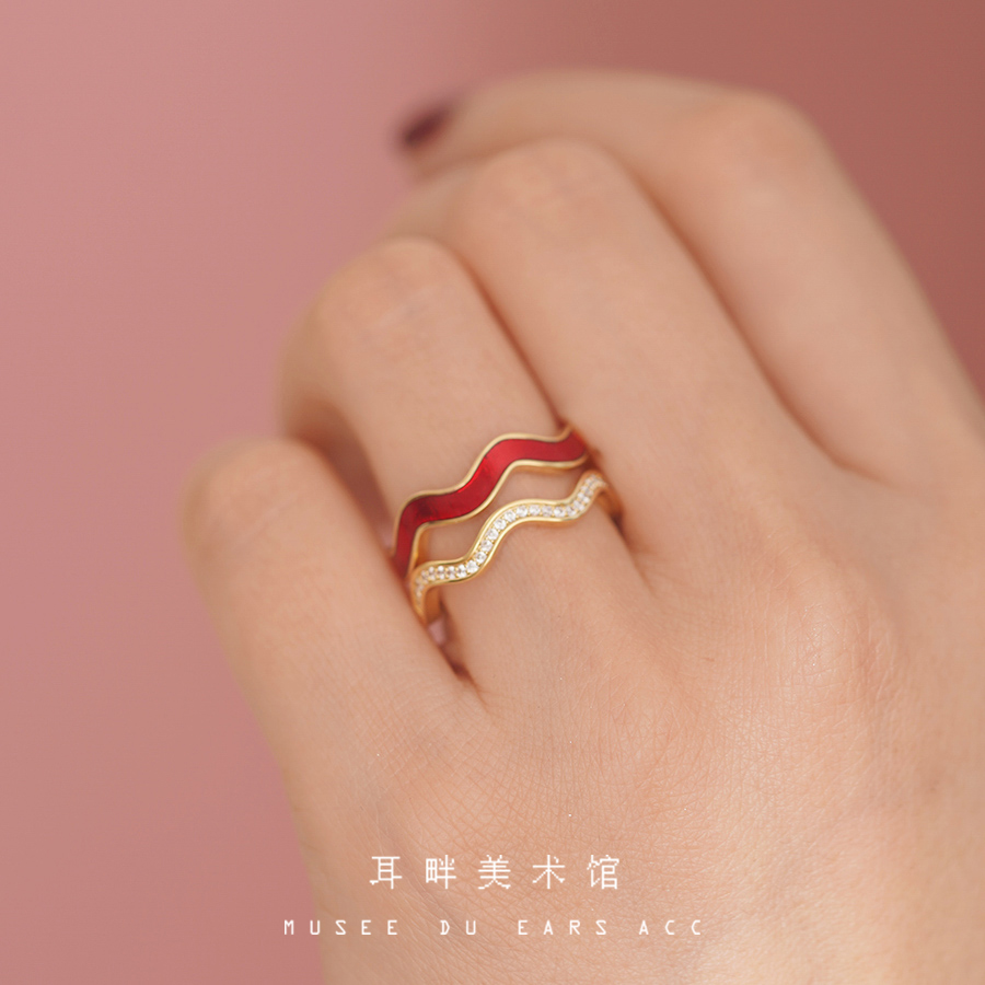 A红条纹双叠戴戒指女小众设计时尚新年闺蜜礼物独特开口个性轻奢 - 图1