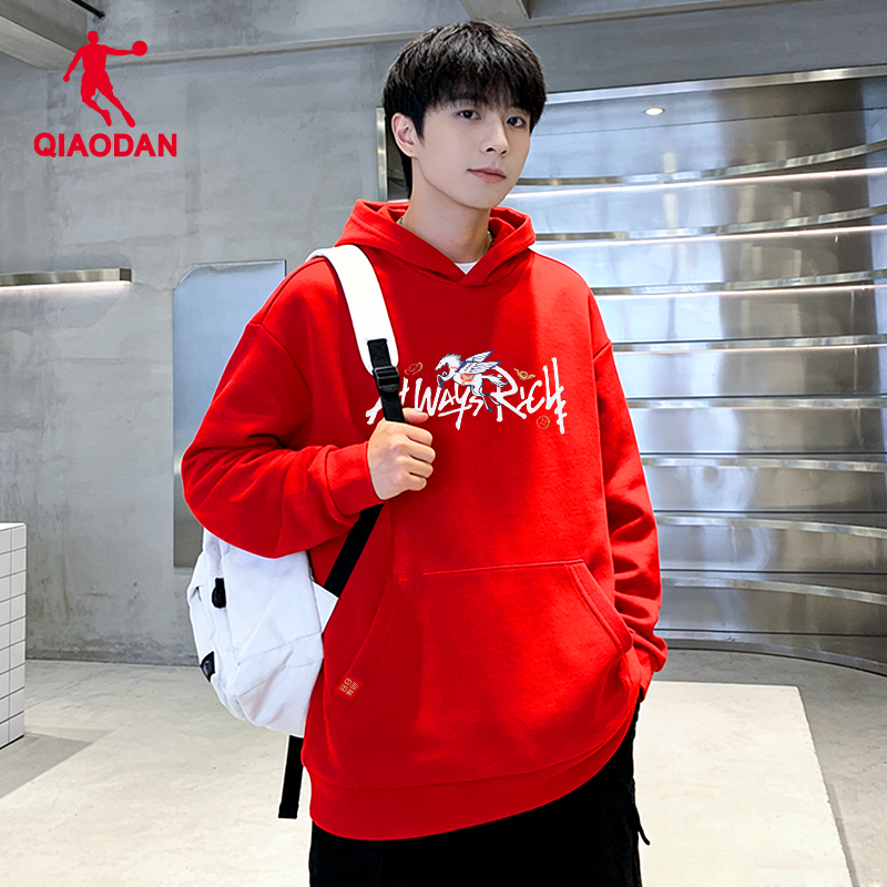 乔丹休闲卫衣男2025新款官方保暖新年本命红色情侣运动套头上衣女 - 图1