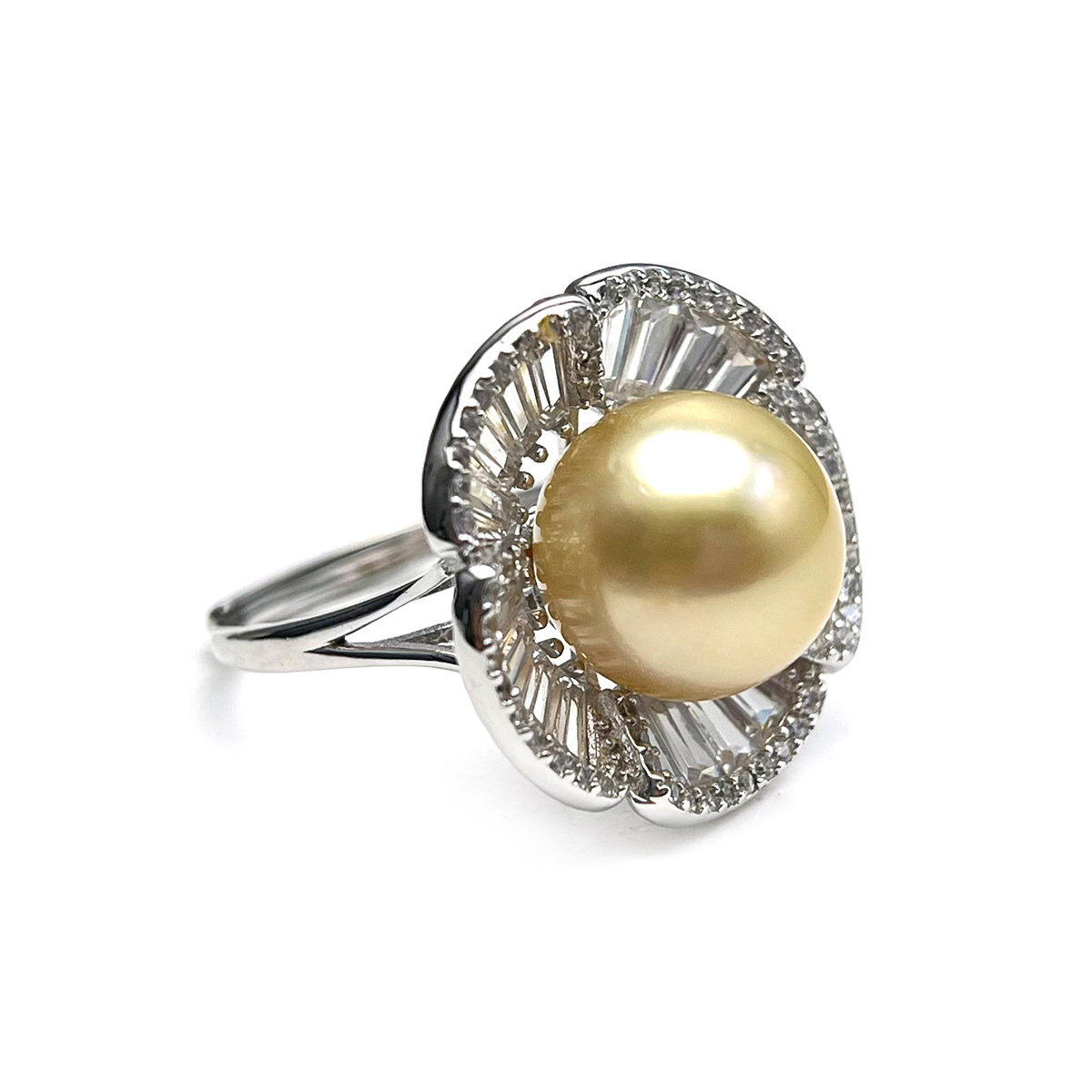 Queen of Pearls Saltwater Pearl Ring Women's S925 Silver 11-12mm Saltwater Gold Pearl Ring