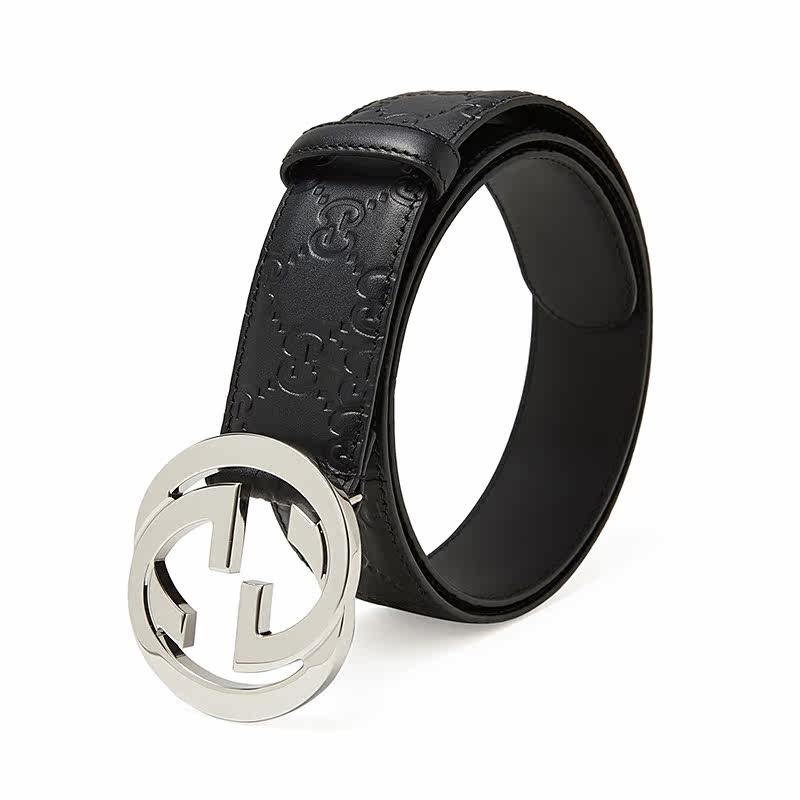 gucci男士双g压纹黑色牛皮皮带 奢聚优品海外腰带/皮带/腰链