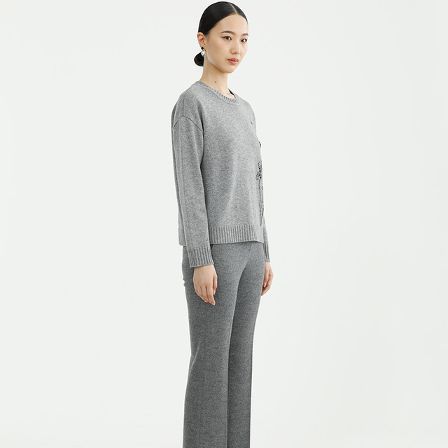 Debrafen's new winter gray embroidered round neck wool sweater women's pullover sweater lazy style bottoming shirt