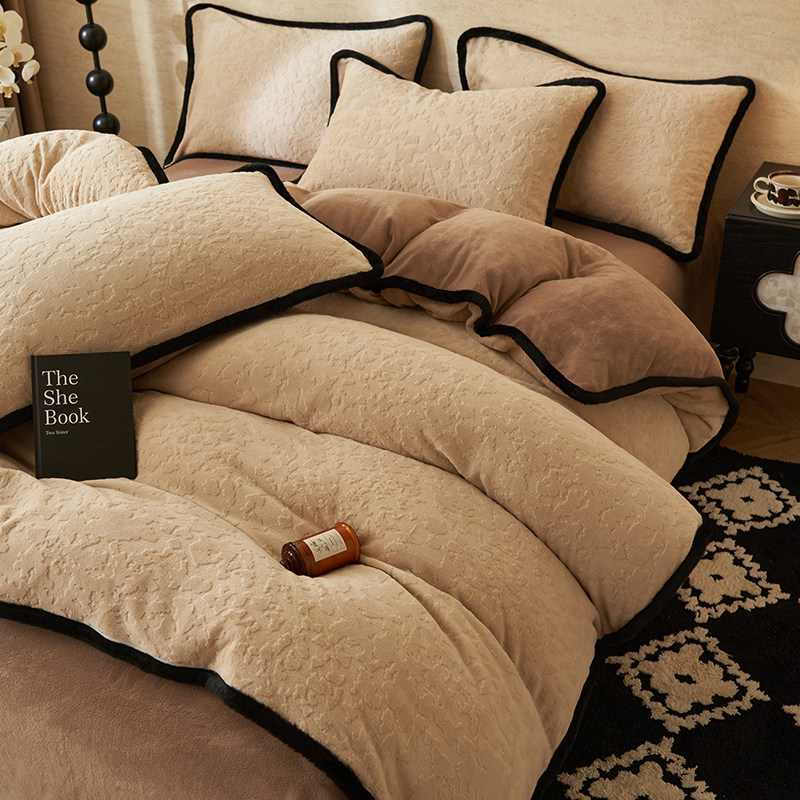 雕花牛奶绒保暖床上四件套纯色简约珊瑚绒床单被套罩冬季加厚加绒,淘宝优惠券,粉丝福利购,淘宝优惠卷