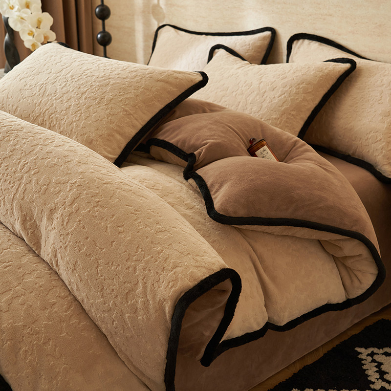 雕花牛奶绒保暖床上四件套纯色简约珊瑚绒床单被套罩冬季加厚加绒,淘宝优惠券,粉丝福利购,淘宝优惠卷