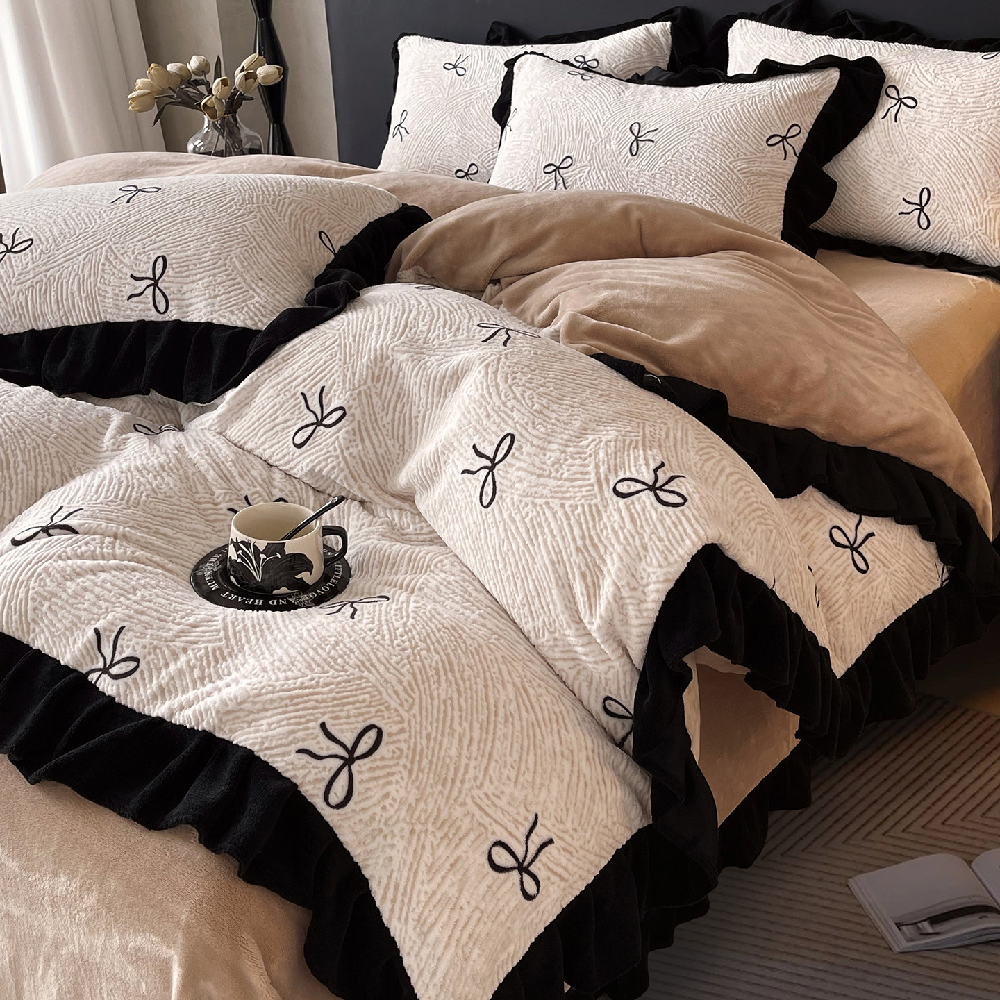 法式牛奶绒花边四件套冬季加厚毛绒被套罩珊瑚绒床单加绒床上用品,淘宝优惠券,粉丝福利购,淘宝优惠卷