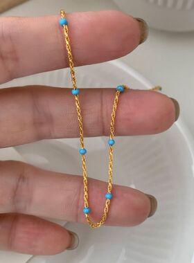 S925纯银蓝色珐琅麻花项链女日系
