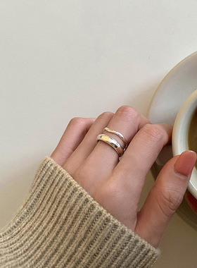 s925韩国冷淡风ins感小众春季纯银简约百搭双层波浪捶打开口戒指