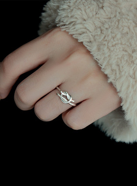 韩版森系冷淡风爆款配饰绳结螺纹线条素圈s925纯银戒指女百搭礼物