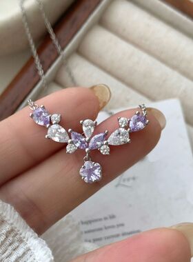 S925纯银紫藤花项链女款日系复古