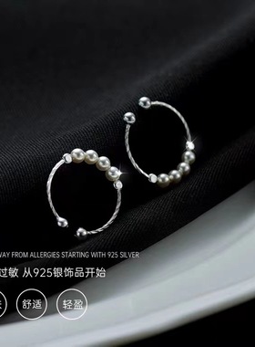 s925纯银戒指女小众设计珍珠冷淡风高级复古ins潮食指开口调节尾