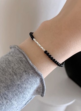 S925纯银手链女碎银黑玛瑙拼接手环轻奢小众高级感手饰送女友礼物