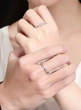 s925纯银戒指情侣轻奢素圈开口可调节指环小众设计ins蝴蝶结对戒