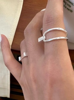 几何线条镂空戒指女不规则绳结S925纯银开口戒网红ins小众食指戒