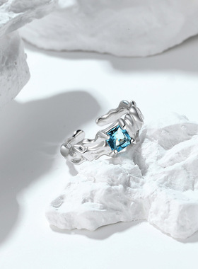 s925纯银蓝色人鱼肌理感戒指ins冷淡风中性不规则高级设计感指环