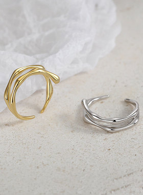 s925纯银不规则光面戒指女双环关节戒韩版冷淡小众设计感尾戒手饰