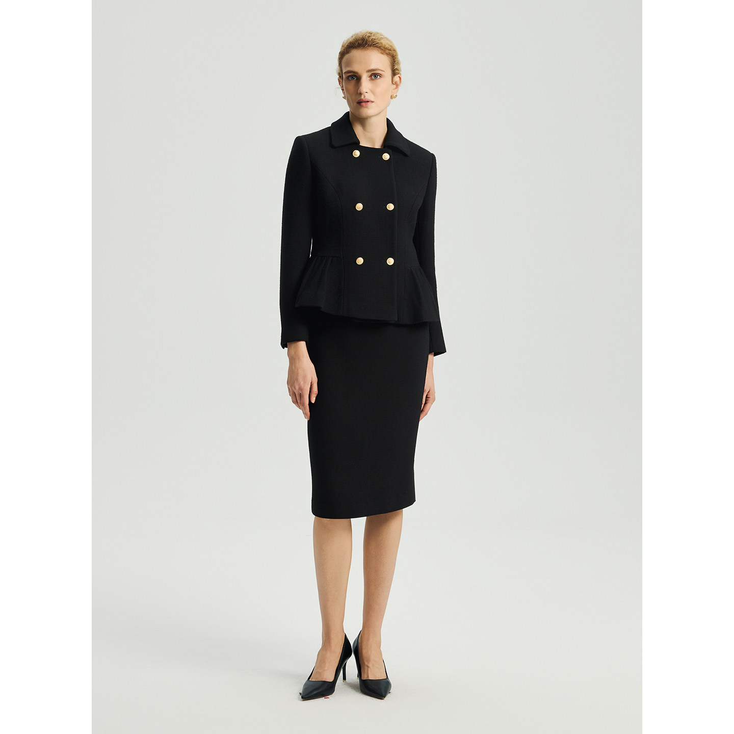 TieForHer 黑色翻领花苞下摆复古赫本风羊毛短外套铅笔半裙女秋冬,淘宝优惠券,粉丝福利购,淘宝优惠卷