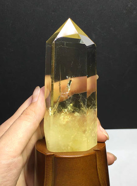 天然黄水晶柱带底座原石打磨彩虹单尖六棱柱家居客厅书房桌面摆件