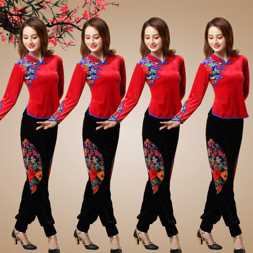金丝绒广场舞服装舞蹈演出服女秋冬手指扣秧歌民族舞灯笼裤表演服 - 图2