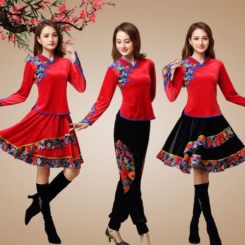 金丝绒广场舞服装舞蹈演出服女秋冬手指扣秧歌民族舞灯笼裤表演服 - 图0
