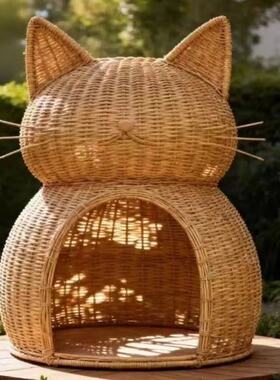 藤编猫咪造型凉亭小屋户外创意休闲藤编凉亭景观网红拍照打卡装置