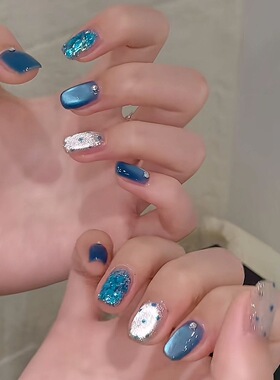 GC【冰蓝海月】夏季清冷深海猫眼显白百搭短款可拆卸成品美甲贴片